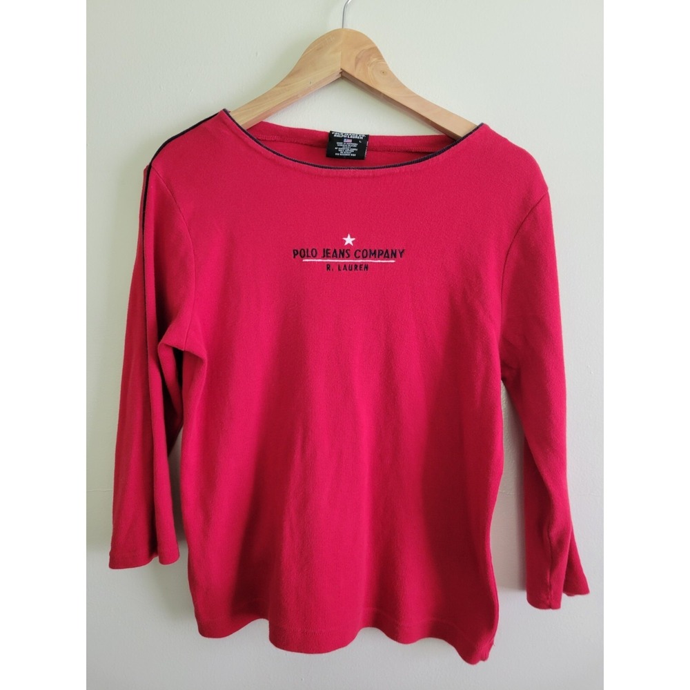 Vtg Polo Jeans Co Ralph Lauren Womens Top Sz L 90s Y2K Spell Out Red Pullover